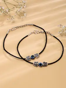 VIRAASI Women Silver-Plated Black Beaded Anklets Set