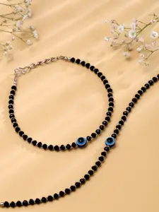 VIRAASI Set of 2 Silver-Plated Black & Blue Beaded Anklets