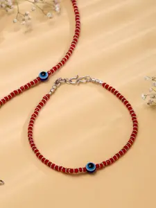 VIRAASI Set of 2 Silver-Plated Maroon Beaded Anklets