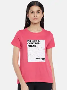 People Women Pink Typography Printed Cotton T-shirt