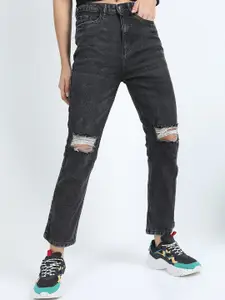 Tokyo Talkies Women Black Straight Fit Slash Knee Cropped Jeans