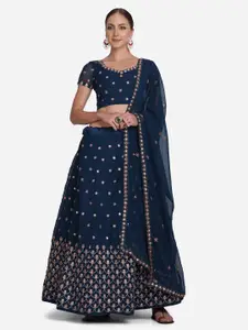 Warthy Ent Teal Blue & Golden Embroidered Semi-Stitched Lehenga Unstitched Blouse Dupatta