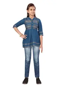 Aarika Girls Blue Mandarin Collar Pure Cotton Top