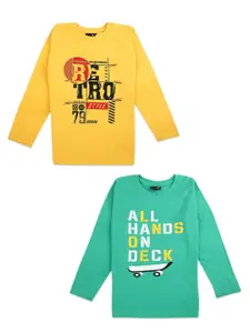 V-Mart Boys Pack of 2 Green & Yellow Typography Printed Applique T-shirts
