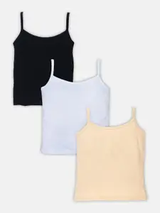 AMUL Kandyfloss Set of 3 White & Black Solid Tank Tops