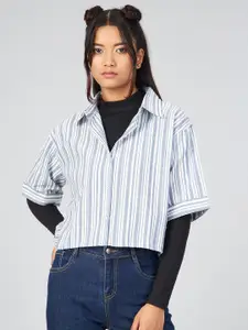 CHIMPAAANZEE Women Blue Boxy Striped Casual Shirt