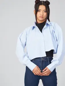 CHIMPAAANZEE Women Blue Oversized Micro Checks Checked Casual Shirt