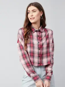 CHIMPAAANZEE Women Pink Boxy Tartan Checks Casual Shirt