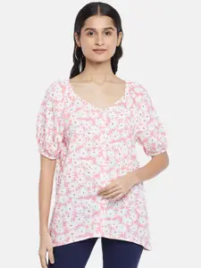 Honey by Pantaloons Pink & White Floral Print Sweetheart Neck Top