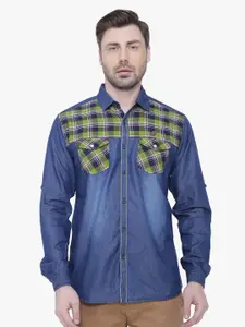 Kuons Avenue Men Blue Smart Slim Fit Checked Denim Casual Shirt