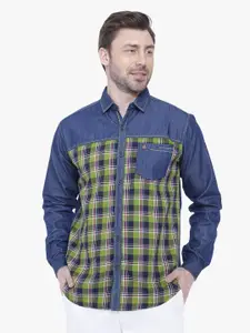 Kuons Avenue Men Green Smart Slim Fit Checked Denim Casual Shirt