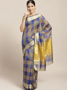 KALINI Navy Blue & Mustard Zari Silk Cotton Chanderi Saree
