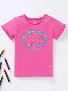 Ed-a-Mamma Girls Pink & Blue Typography Printed Pure Cotton T-shirt