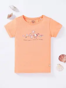 Ed-a-Mamma Girls Orange Printed Cotton T-shirt