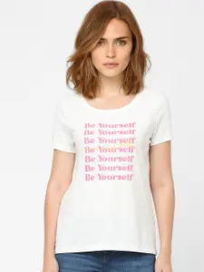 Vero Moda Women White & Pink Typography Printed T-shirt