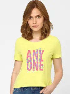 Vero Moda Women Yellow Typography Printed Regular Fit Cotton T-shirt