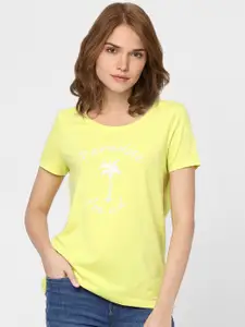 Vero Moda Women Yellow Typography Printed Cotton T-shirt