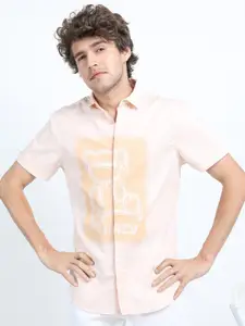 LOCOMOTIVE Men Peach-Coloured Slim Fit Printed Casual Shirt