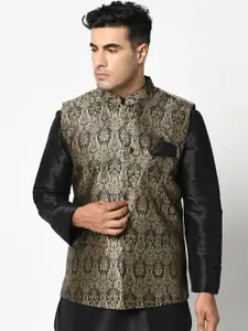 DEYANN Men Black & Golden Woven Design Nehru Jacket