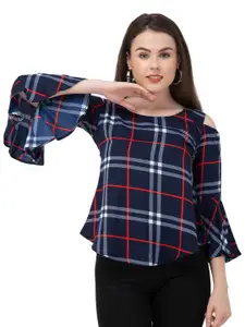DEGE Blue & Red Checked Cold Shoulder Crepe Top