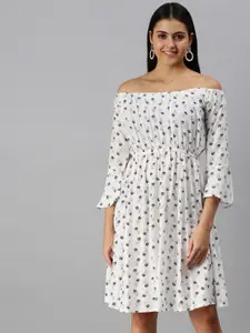 SHOWOFF White & Navy Blue Off-Shoulder Crepe Dress
