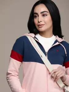 Nautica Women Pink and Navy Blue Colourblocked Hooded Sweatshirt