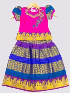 AMIRTHA FASHION Girls Pink & Blue Embroidered Ready to Wear Lehenga