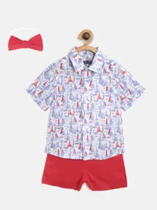 Nauti Nati Boys Blue & Red Printed Shirt with Shorts & Bow