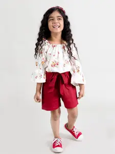 Fairies Forever Girls White & Maroon Printed Top with Shorts