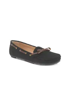 Flat n Heels Women Black Suede Boat Shoes