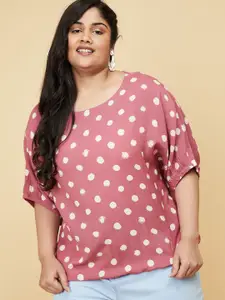 max Plus Size Women Pink Polka Dot Printed Extended Sleeves Cotton Top