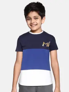 FanCode Boys Blue & White Colourblocked MI Print Pure Cotton Cricket T-shirt