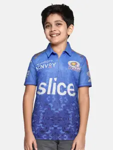 The Souled Store Boys Blue & White Mumbai Indians Print Polo Collar Cricket T-shirt
