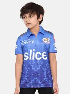 The Souled Store Boys Blue & White Mumbai Indians Print Polo Collar Cricket T-shirt