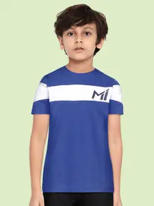 FanCode Boys Blue & White Sports Colourblocked MI Print Pure Cotton Cricket T-shirt