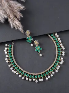 Brandsoon Gold-Plated Green & White Kundan-Studded & Beaded Choker With Earrings