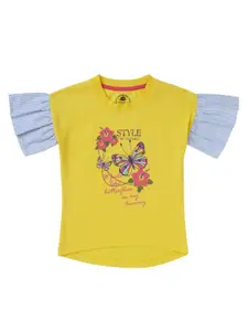 Cub McPaws Girls Yellow Graphic Printed Cotton T-shirt