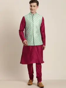 VASTRAMAY Men Floral Thread Work Nehru jacket with Solid Kurta & Churidar