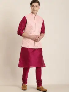 VASTRAMAY Men Fuchsia Kurta with Churidar & Nehru Jacket