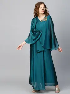 FASHOR Teal Ethnic Motifs Embroidered Layered Crepe Maxi Dress