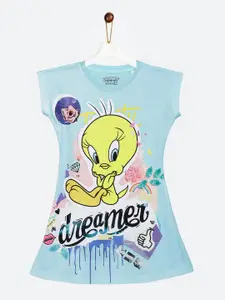 YK Warner Bros Girls Blue Tweety Loony Tunes Tweety Printed T-shirt Dress