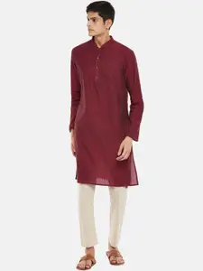 indus route by Pantaloons Men Maroon Dobby Solid Cotton Kurta