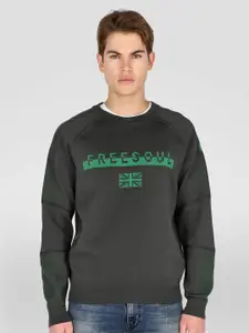 FREESOUL Men Olive Green Printed Raglan Sleeves Sweatshirt