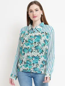 Purple State White Floral Print Georgette Shirt Style Top