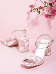 CORSICA Women Peach-Coloured & White Floral Print Block Heels