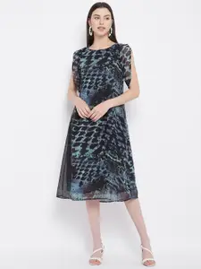 Ruhaans Black & Blue Abstract Printed A-line Midi Dress