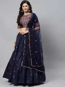 SHUBHKALA Navy Blue Embroidered Sequinned Semi-Stitched Lehenga & Unstitched Blouse With Dupatta