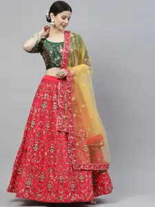 SHUBHKALA Red & Green Embroidered Sequinned Semi-Stitched Lehenga & Unstitched Blouse With Dupatta