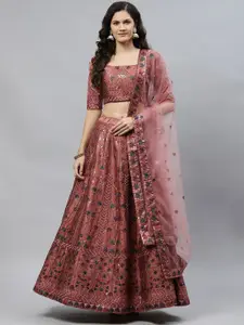 SHUBHKALA Rust Red Embroidered Semi-Stitched Lehenga & Unstitched Blouse With Dupatta