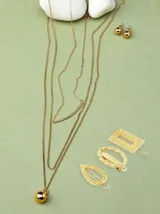 AMI Gold-Toned & Gold-Plated Layered Chain & Earrings With Set of 3 Hair Pins